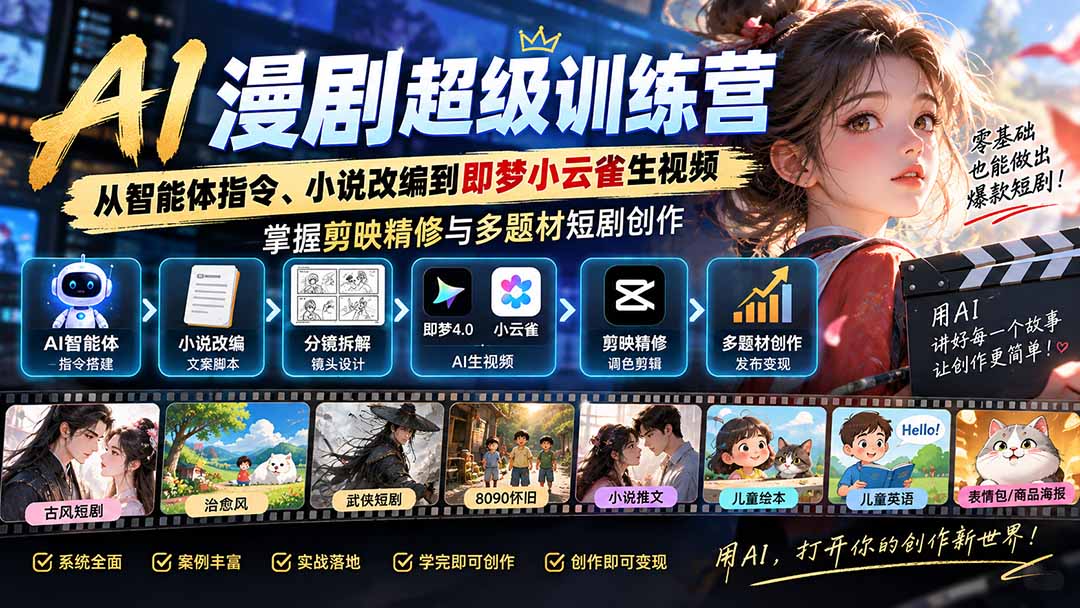 （20491期）AI漫剧超级特训营：从智能体指令、小说改编到即梦小云雀生视频，掌握剪映精修与多题材短剧创作-翌晨科技网