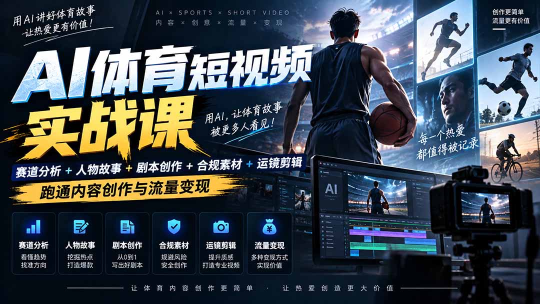 （20515期）AI体育短视频赛道顶级玩法｜赛道分析+人物故事+剧本创作+版权处理+运镜剪辑，跑通流量变现-日赚1K+-翌晨科技网