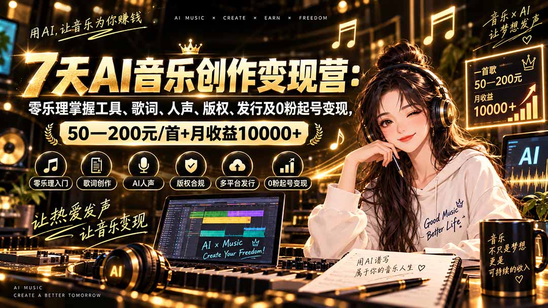 （20442期）AI音乐创作变现营：零乐理掌握工具、歌词、人声、版权、发行及0粉起号变现，50—200元/首+月收益10000+-翌晨科技网
