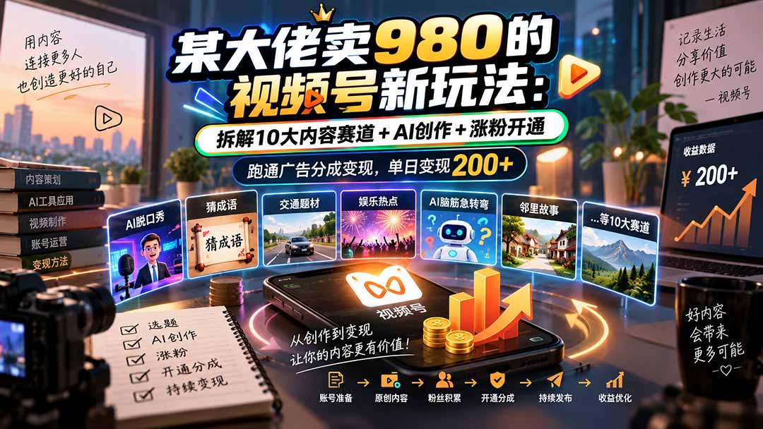 （20573期）某大佬卖980的视频号新玩法：拆解10大内容赛道+AI创作+涨粉开通，跑通广告分成变现，单日变现200+-翌晨科技网