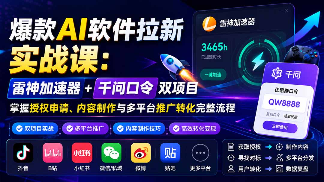 （20230期）爆款AI软件拉新实战课：雷神加速器+千问口令双项目，掌握授权申请、内容制作与多平台推广转化完整流程-翌晨科技网