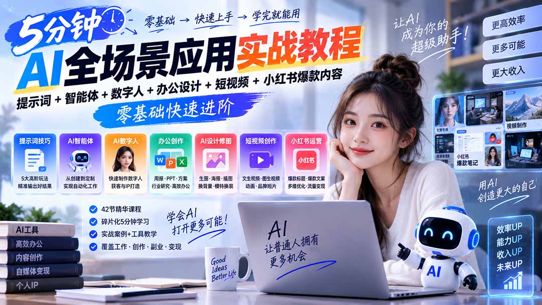 （20493期）AI全场景应用实战教程｜提示词+智能体+数字人+办公设计+短视频+小红书爆款内容，零基础快速进阶-翌晨科技网