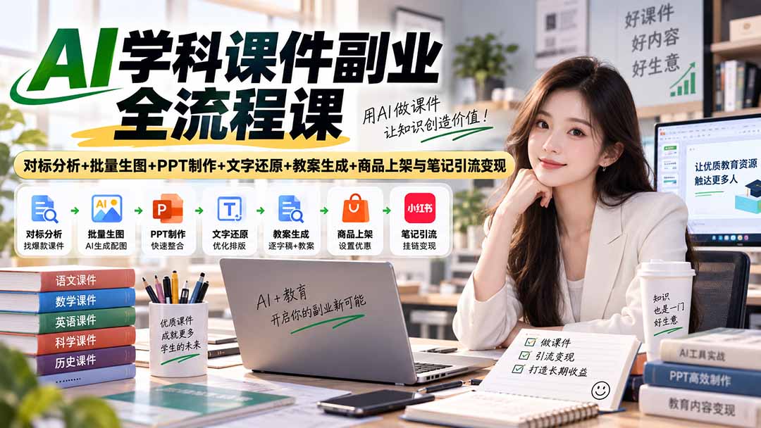 （20469期）AI学科课件副业全流程课｜对标分析+批量生图+PPT制作+文字还原+教案生成+商品上架与笔记引流变现-翌晨科技网