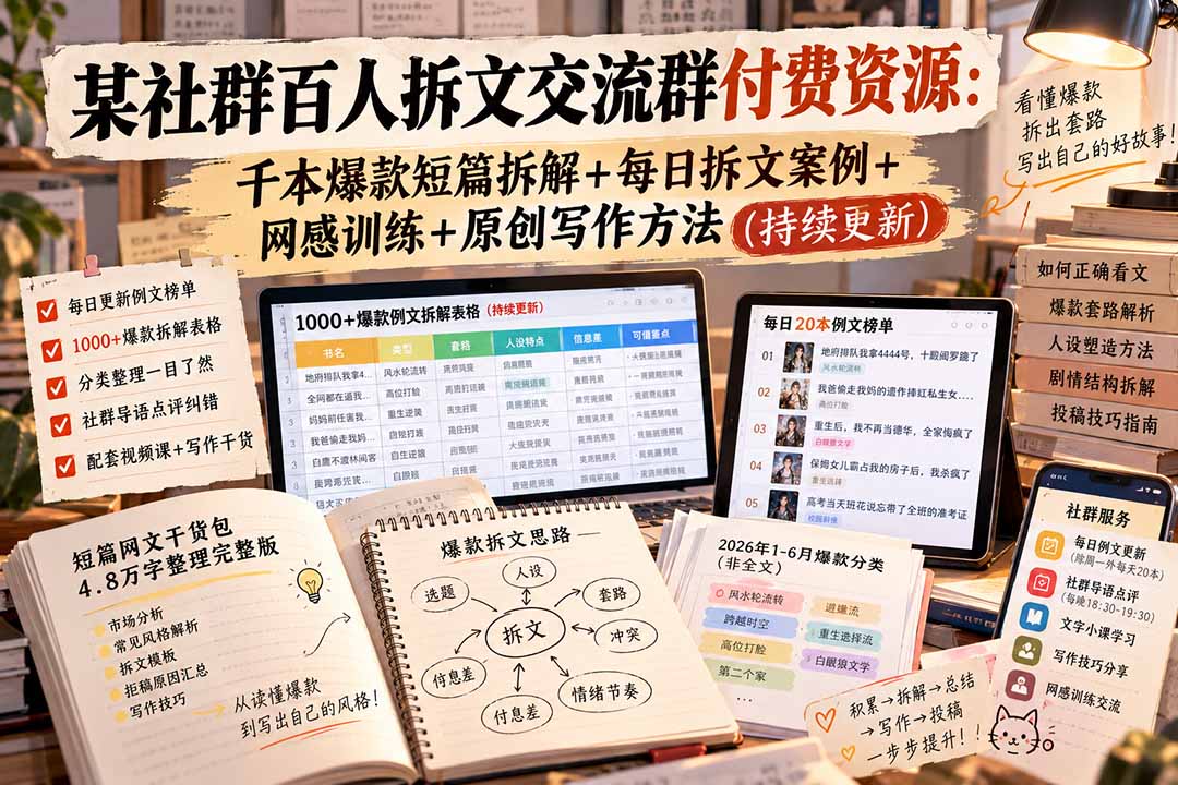 （20635期）某社群百人拆文交流群付费资源：千本爆款短篇拆解+每日拆文案例+网感训练+原创写作方法 (持续更新)-翌晨科技网