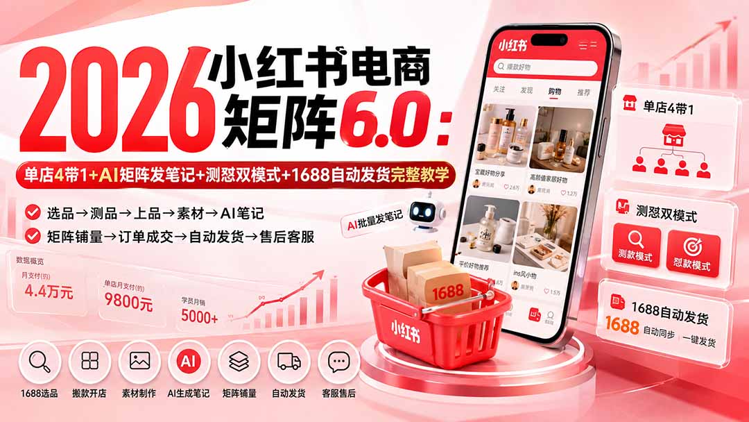 （20310期）2026小红书电商矩阵6.0：单店4带1+AI矩阵发笔记+测怼双模式+1688自动发货完整教学-翌晨科技网