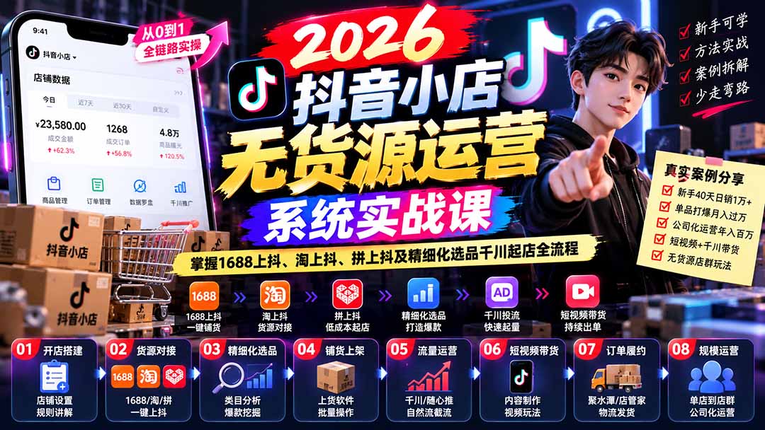 （20659期）2026抖音小店无货源运营系统实战课：掌握1688上抖、淘上抖、拼上抖及精细化选品千川起店全流程-翌晨科技网