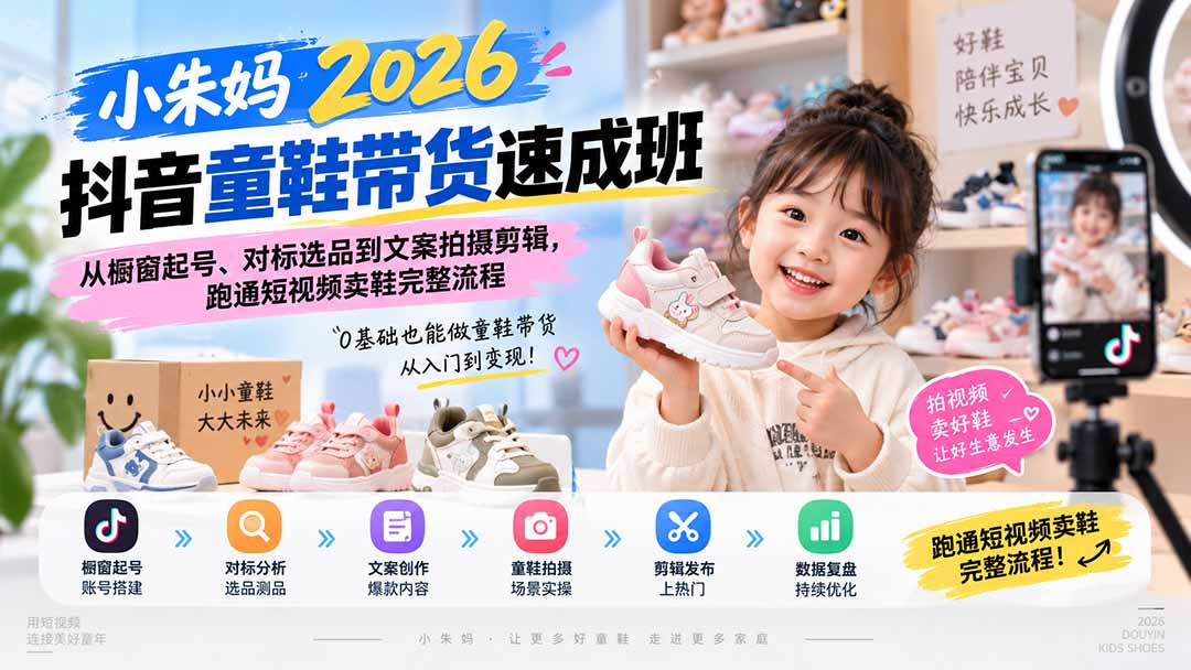 （20267期）小朱妈2026抖音童鞋带货速成班：从橱窗起号、对标选品到文案拍摄剪辑，跑通短视频卖鞋完整流程-翌晨科技网