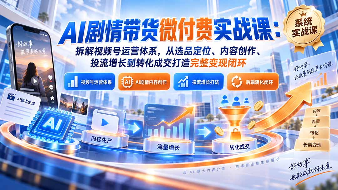 （20611期）AI剧情带货微付费实战课：拆解视频号运营体系，从选品定位、内容创作、投流增长到转化成交打造完整变现闭环-翌晨科技网