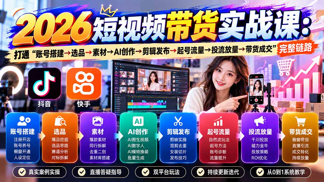 （20731期）2026短视频带货实战课9月：打通“账号搭建→选品→素材→AI创作→剪辑发布→起号流量→投流放量→带货成交”完整链路-翌晨科技网