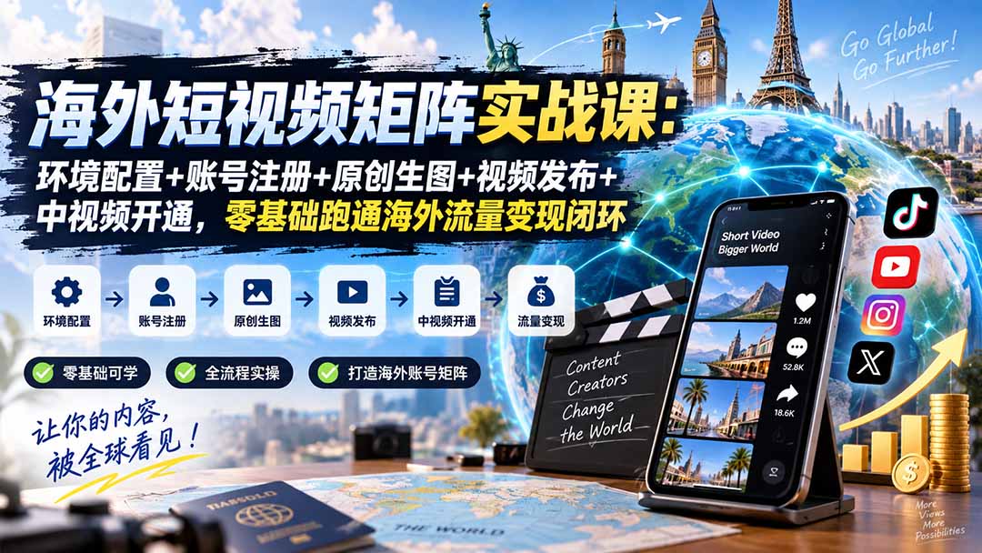 （20470期）海外短视频矩阵实战课：环境配置+账号注册+原创生图+视频发布+中视频开通，零基础跑通海外流量变现闭环-翌晨科技网