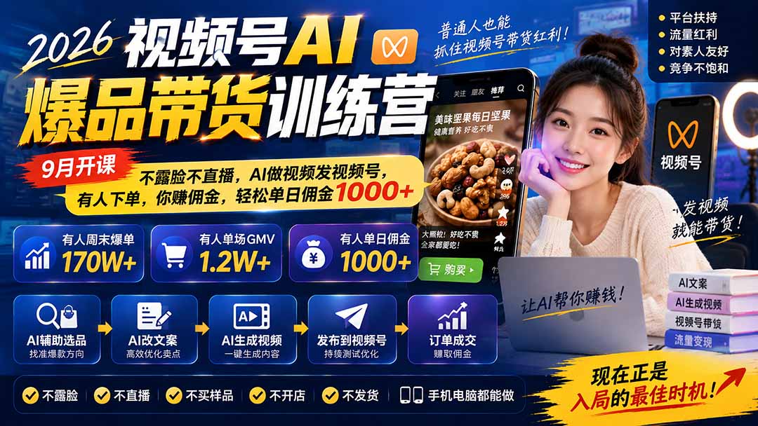 （20537期）2026视频号AI爆品带货训练营-9月开课｜不露脸不直播，AI做视频发视频号，有人下单，你赚佣金，轻松单日佣金1000+-翌晨科技网