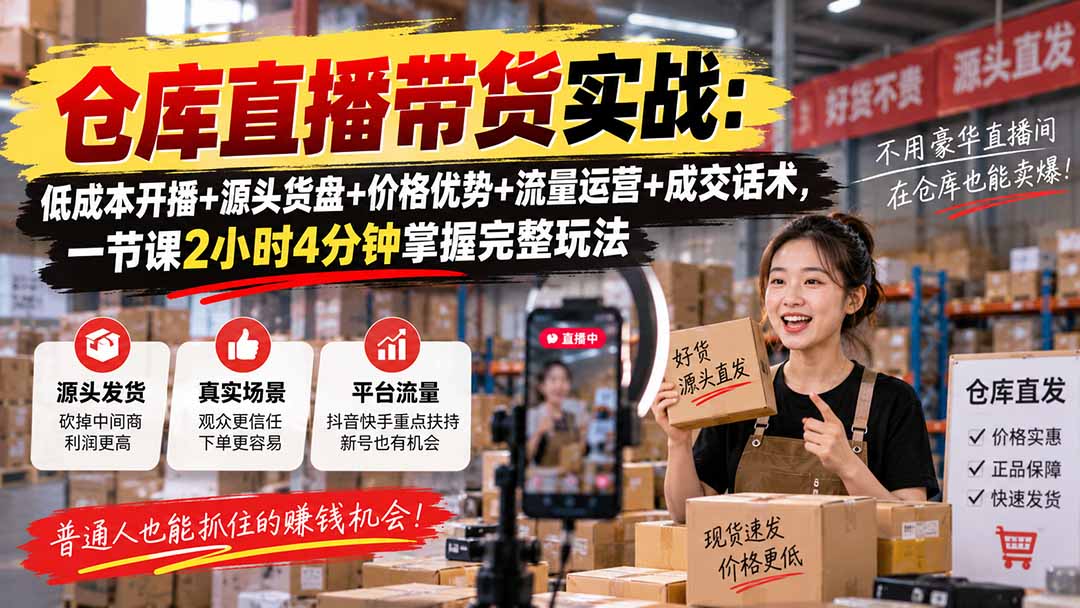 （20471期）仓库直播带货实战：低成本开播+源头货盘+价格优势+流量运营+成交话术，一节课2小时4分钟掌握完整玩法-翌晨科技网