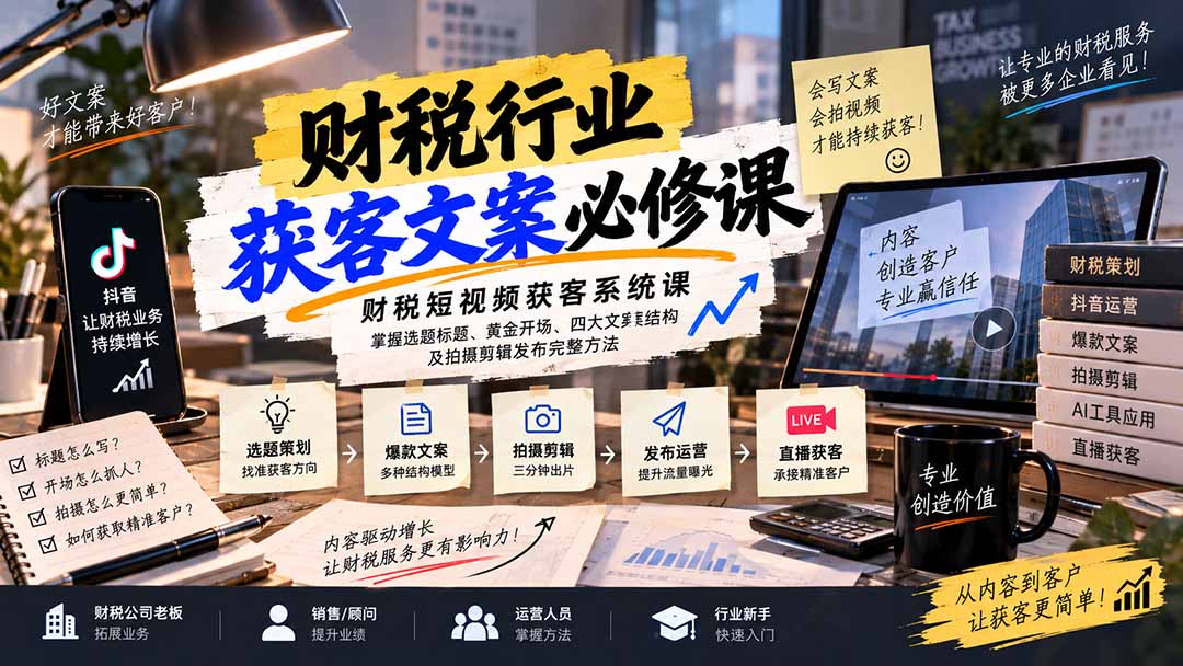 （20591期）财税短视频获客系统课：掌握选题标题、黄金开场、四大文案结构及拍摄剪辑发布完整方法-翌晨科技网