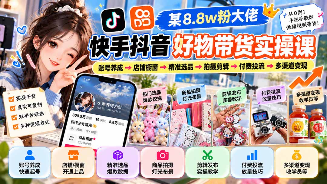 （20733期）某8.8w粉大佬快手抖音好物带货实操课：账号养成→店铺橱窗→精准选品→拍摄剪辑→付费投流→多渠道变现-翌晨科技网