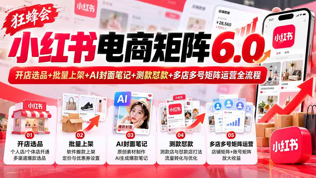 （20732期）【无水印】狂蜂会小红书电商矩阵6.0：开店选品+批量上架+AI封面笔记+测款怼款+多店多号矩阵运营全流程-翌晨科技网