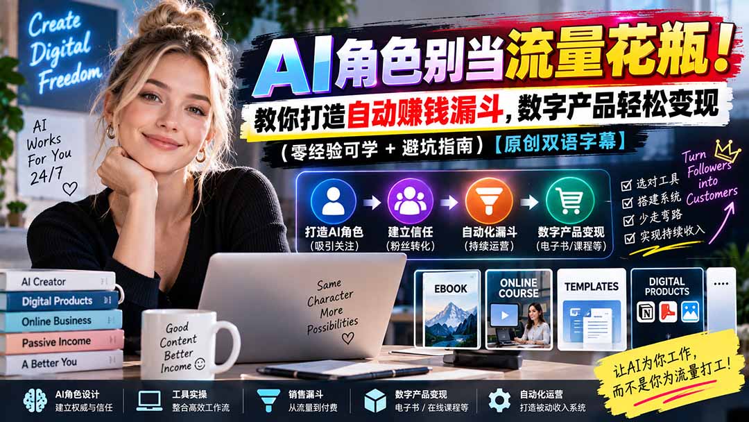 （20475期）AI角色别当流量花瓶！教你打造自动赚钱漏斗，数字产品轻松变现（零经验可学+避坑指南）【原创双语字幕】-翌晨科技网