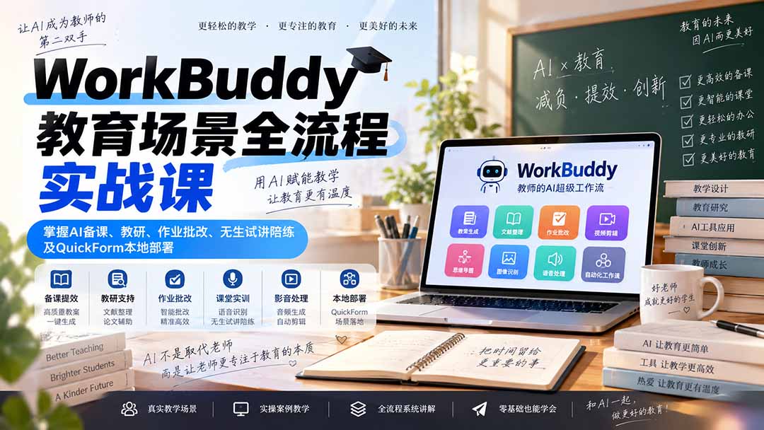 （20518期）WorkBuddy教育场景全流程实战课：掌握AI备课、教研、作业批改、无生试讲陪练及QuickForm本地部署-翌晨科技网