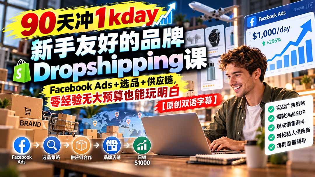 （20738期）90天冲1kday 新手友好的品牌Dropshipping课：Facebook Ads+选品+供应链，零经验无大预算也能玩明白【原创双语字幕】-翌晨科技网