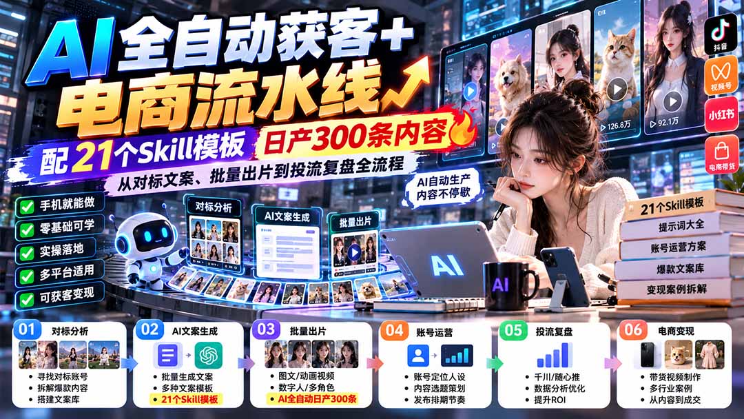 （20664期）AI全自动获客+电商流水线：配21个Skill模板，日产300条内容，从对标文案、批量出片到投流复盘全流程-翌晨科技网