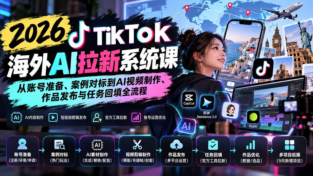 （20675期）【无水印】2026 TikTok海外AI拉新系统课：从账号准备、案例对标到AI视频制作、作品发布与任务回填全流程-翌晨科技网