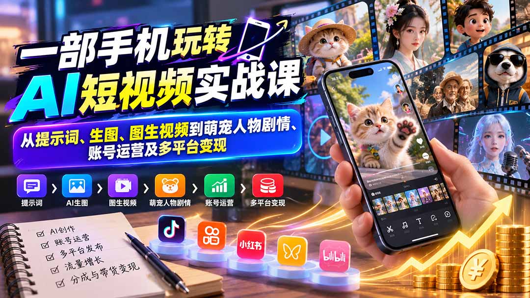 （20663期）一部手机玩转AI短视频实战课：从提示词、生图、图生视频到萌宠人物剧情、账号运营及多平台变现-翌晨科技网