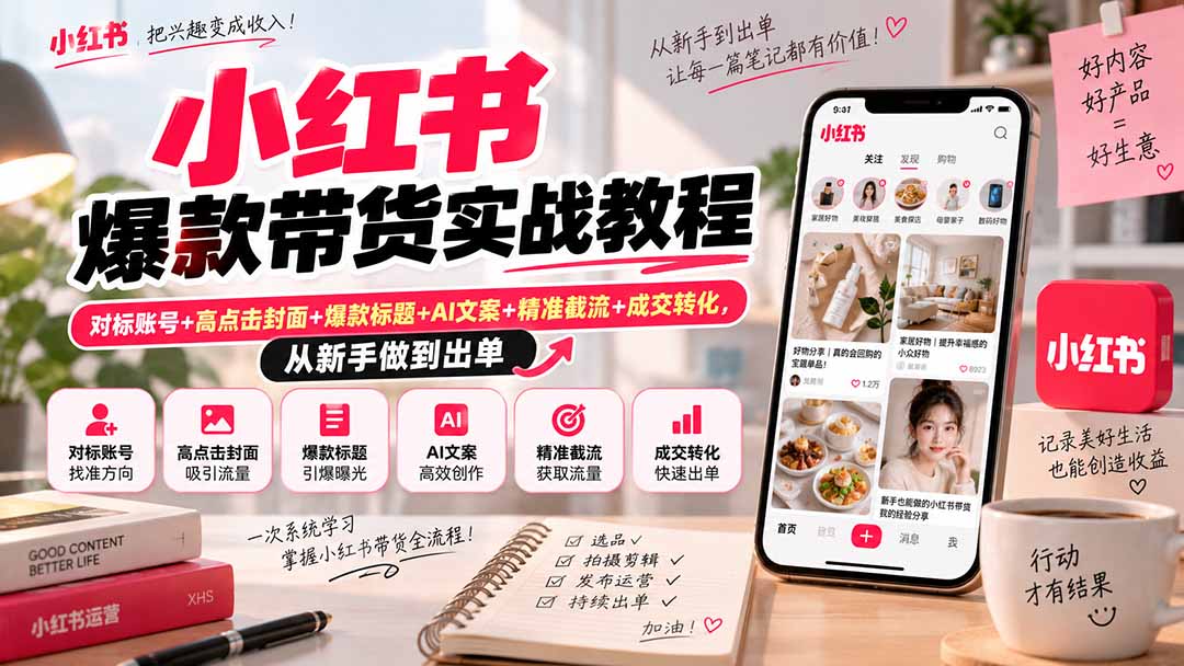 （20473期）小红书爆款带货实战教程｜对标账号+高点击封面+爆款标题+AI文案+精准截流+成交转化，从新手做到出单-翌晨科技网