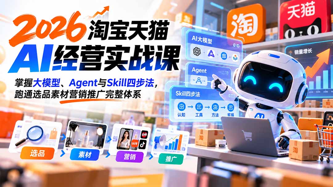 （20676期）【无水印】2026淘宝天猫AI经营实战课：掌握大模型、Agent与Skill四步法，跑通选品素材营销推广完整体系-翌晨科技网
