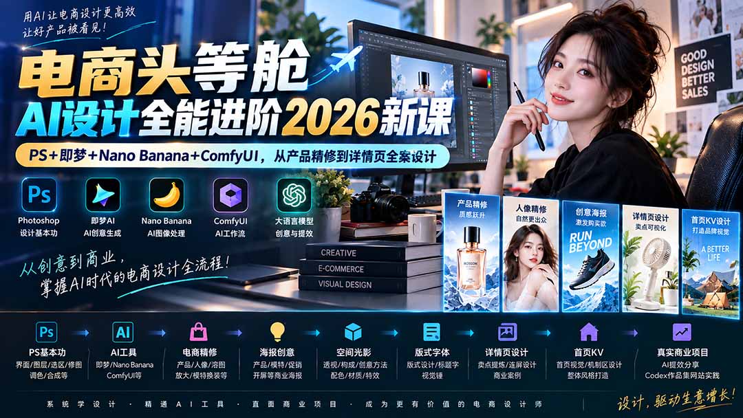 （20284期）电商头等舱AI设计全能进阶2026新课：PS+即梦+Nano Banana+ComfyUI，从产品精修到详情页全案设计-翌晨科技网
