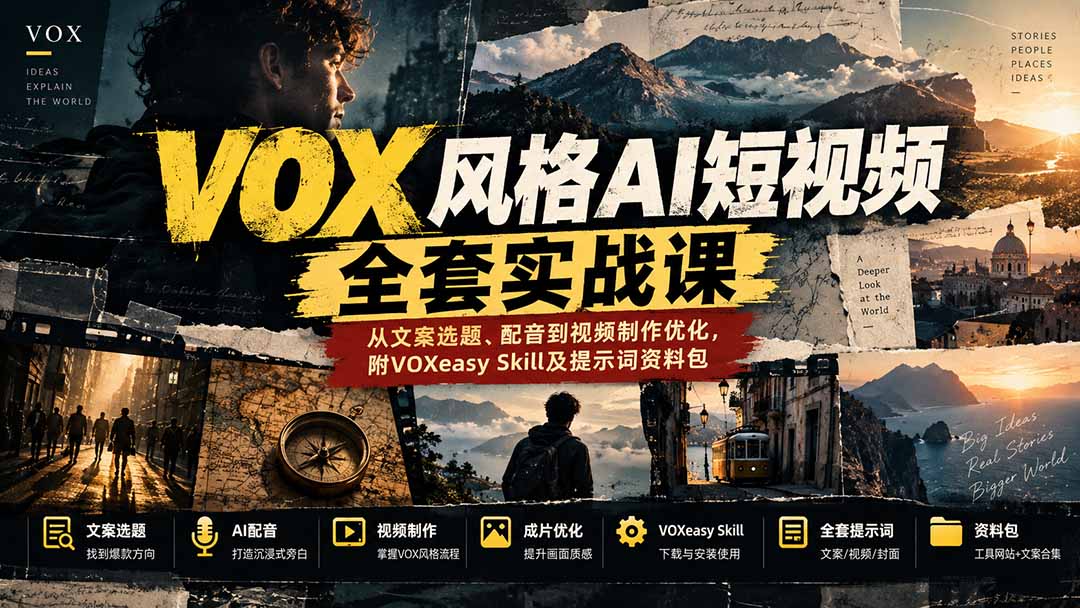 （20677期）【无水印】VOX风格AI短视频全套实战课：从文案选题、配音到视频制作优化，附VOXeasy Skill及提示词资料包-翌晨科技网