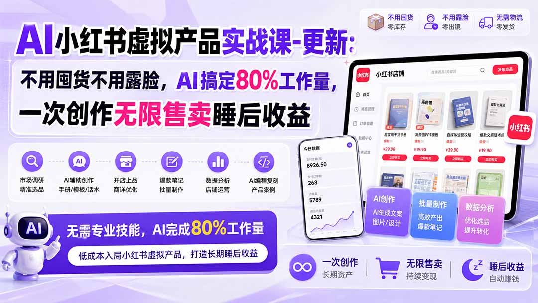 （20311期）AI小红书虚拟产品实战课-更新：不用囤货不用露脸，AI搞定80%工作量，一次创作无限售卖睡后收益-翌晨科技网