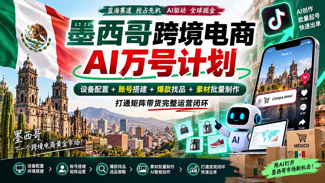 （20500期）墨西哥AI跨境电商万号计划｜设备配置+账号搭建+爆款找品+素材批量制作，打通矩阵带货完整运营闭环-翌晨科技网