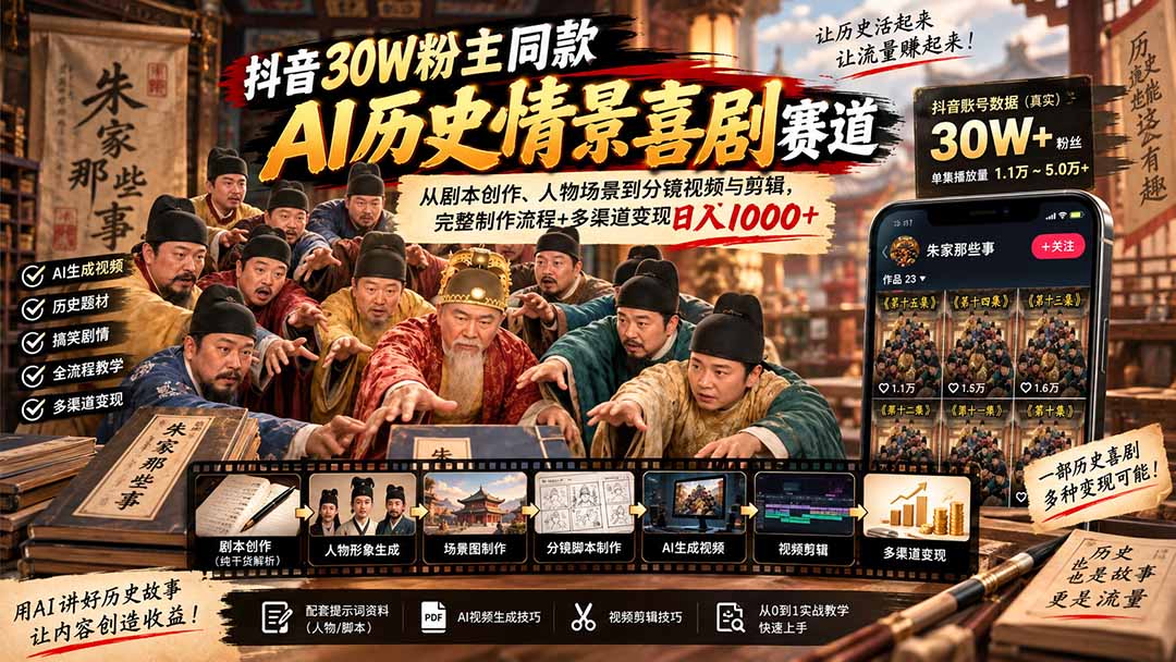 （20613期）抖音30W粉博主同款AI历史情景喜剧赛道：从剧本创作、人物场景到分镜视频与剪辑，完整制作流程+多渠道变现日入1000+-翌晨科技网