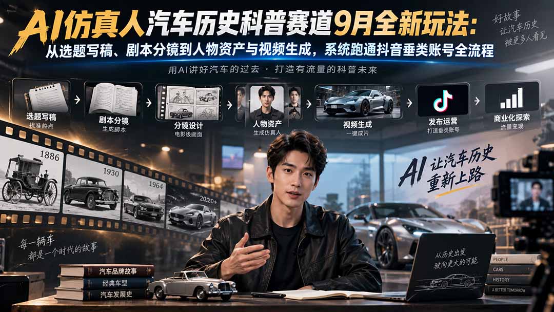 （20413期）AI仿真人汽车历史科普赛道9月全新玩法：从选题写稿、剧本分镜到人物资产与视频生成，系统跑通抖音垂类账号全流程-翌晨科技网