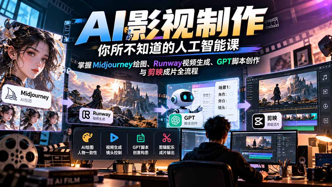 （20681期）AI影视制作-你所不知道的人工智能课，掌握Midjourney绘图、Runway视频生成、GPT脚本创作与剪映成片全流程-翌晨科技网