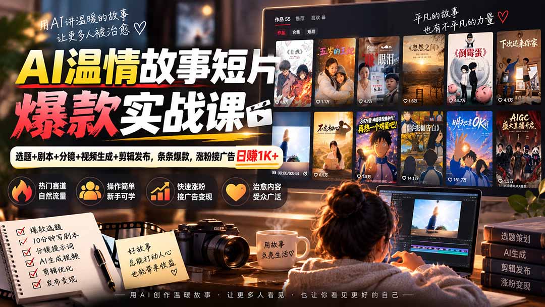 （20477期）AI温情故事短片爆款实战课-更新｜选题+剧本+分镜+视频生成+剪辑发布，条条爆款，涨粉接广告日赚1K+-翌晨科技网