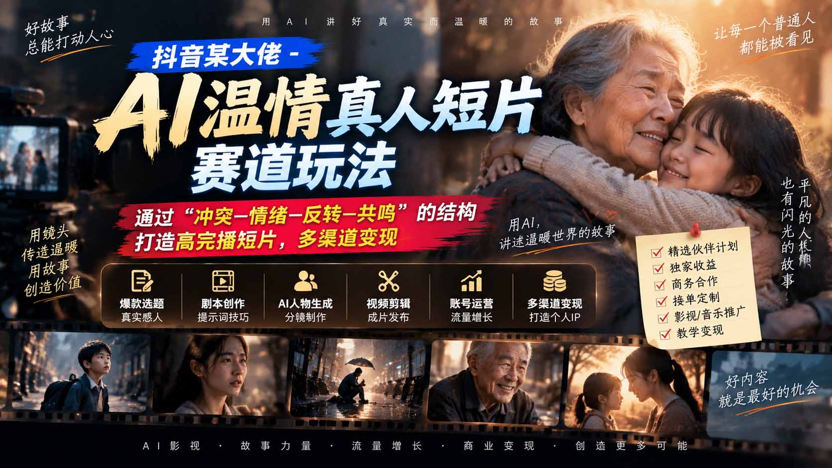 （20538期）抖音某大佬-AI温情真人短片赛道玩法：通过“冲突—情绪—反转—共鸣”的结构打造高完播短片，多渠道变现-翌晨科技网