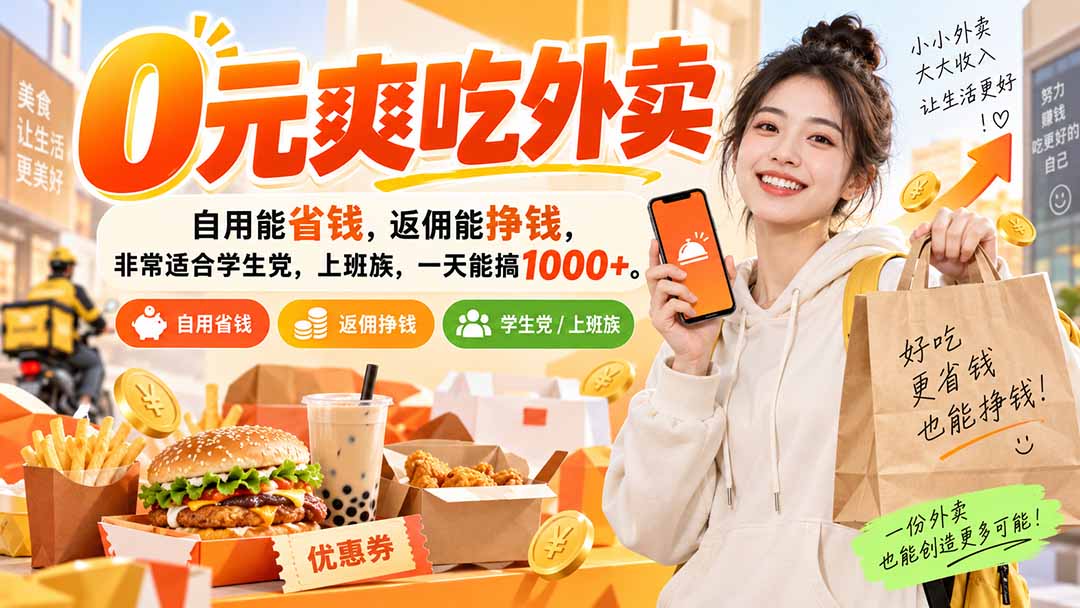 （20309期）0元爽吃外卖，自用能省钱，返佣能挣钱，非常适合学生党，上班族，一天能搞1000+-翌晨科技网