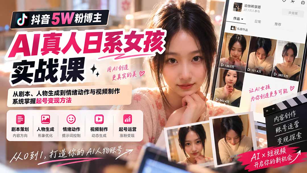（20387期）抖音5W粉博主AI真人日系女孩实战课：从剧本、人物生成到情绪动作与视频制作，系统掌握起号变现方法-翌晨科技网