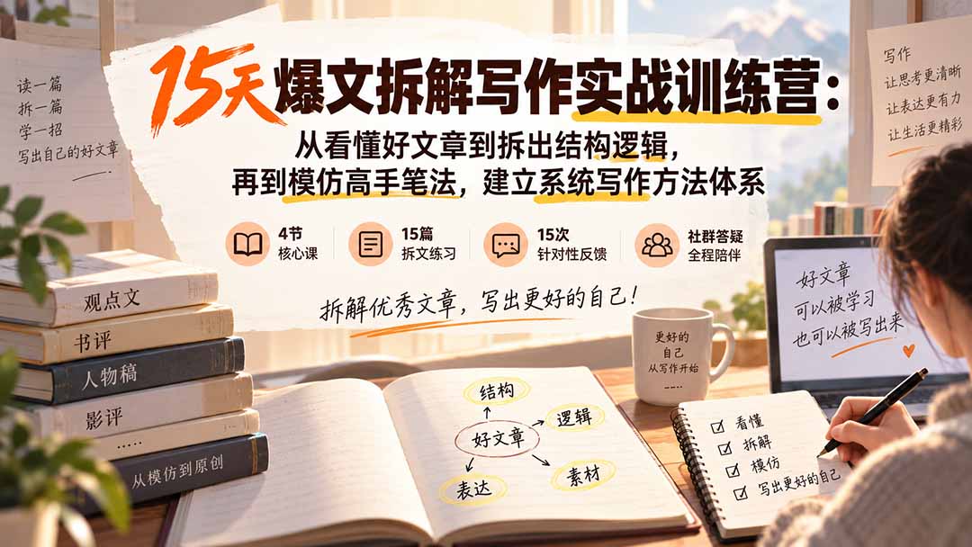 （20271期）15天爆文拆解写作实战训练营：从看懂好文章到拆出结构逻辑，再到模仿高手笔法，建立系统写作方法体系-翌晨科技网