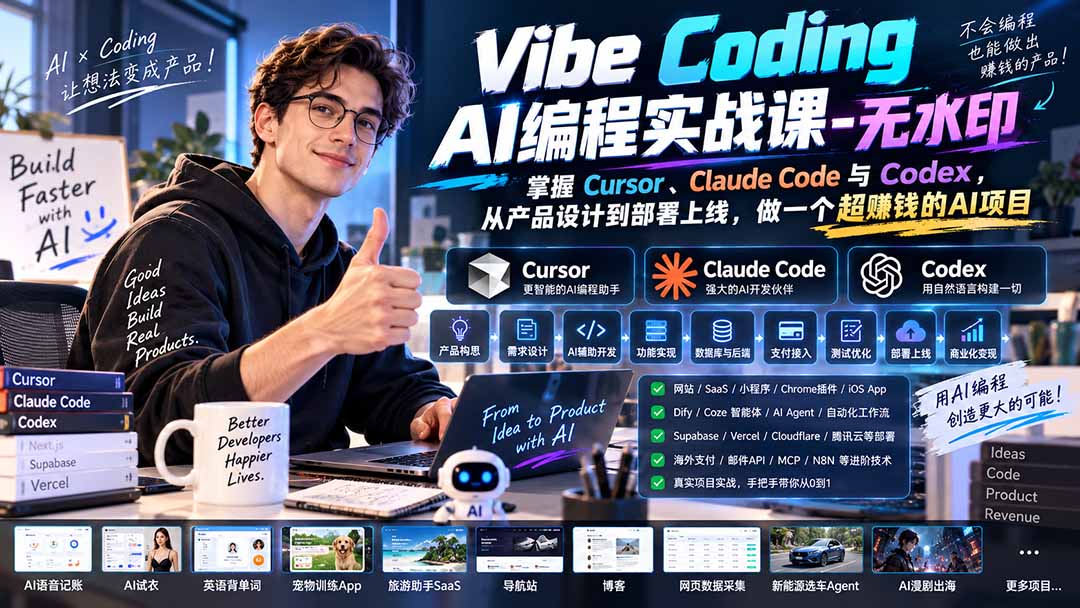 （20431期）Vibe Coding AI编程实战课-无水印：掌握Cursor、Claude Code与Codex，从产品设计到部署上线，做一个超赚钱的AI项目-翌晨科技网