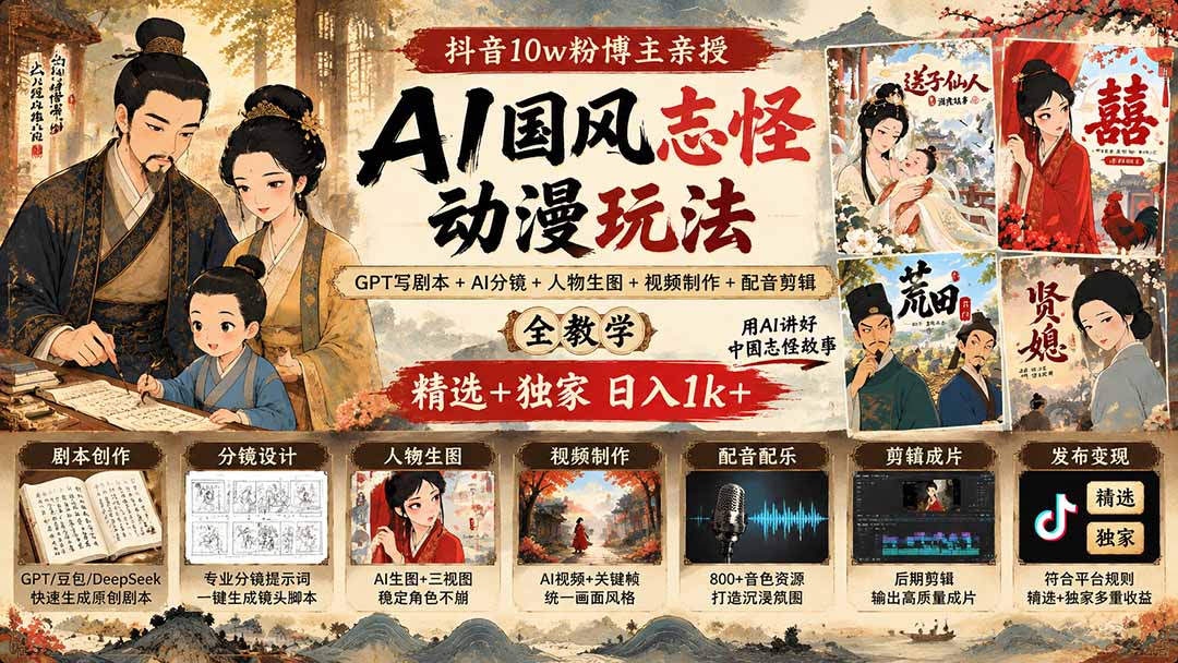 （20538期）抖音10w粉博主亲授AI国风志怪动漫玩法｜GPT写剧本+AI分镜+人物生图+视频制作+配音剪辑全教学｜精选+独家日入1k+-翌晨科技网