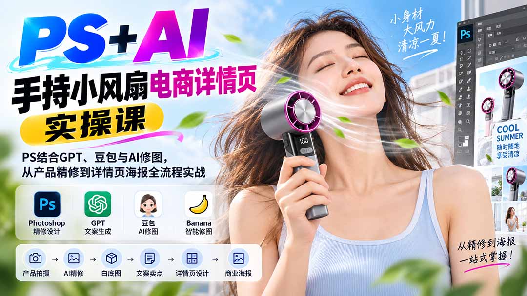 （20273期）PS+AI手持小风扇电商详情页实操课：PS结合GPT、豆包与AI修图，从产品精修到详情页海报全流程实战-翌晨科技网