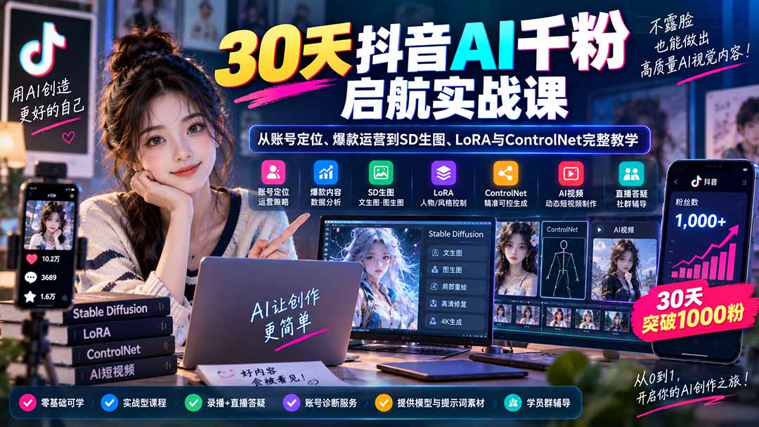 （20291期）30天抖音AI千粉启航实战课：从账号定位、爆款运营到SD生图、LoRA与ControlNet完整教学-翌晨科技网