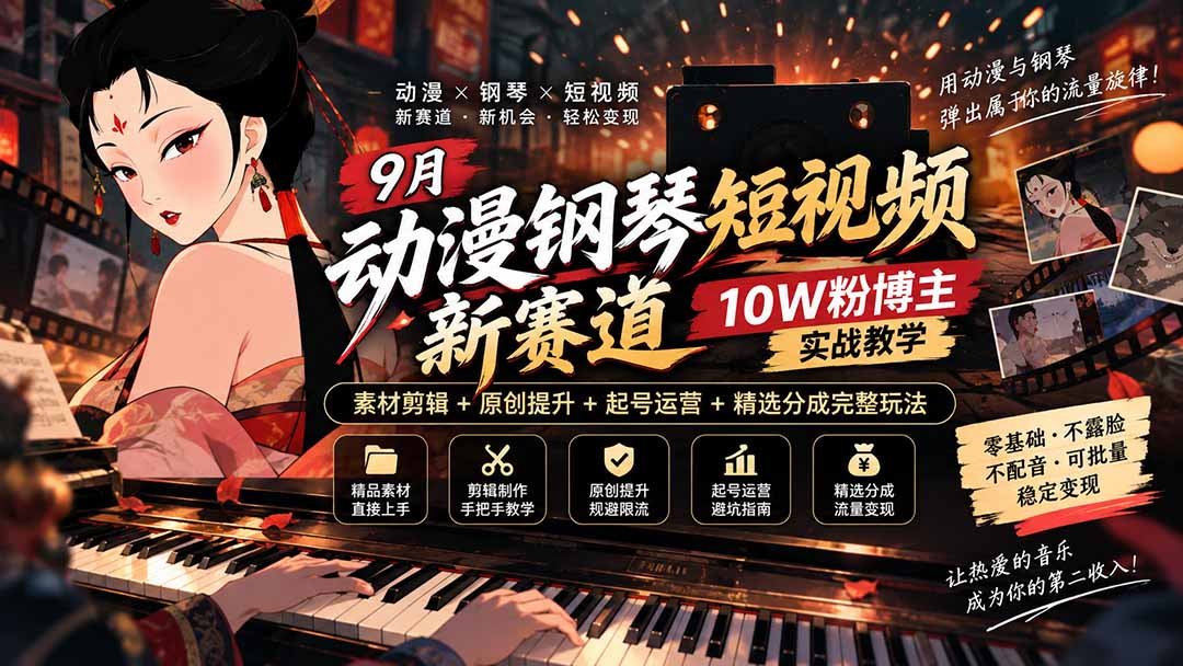 （20506期）9月动漫钢琴短视频新赛道｜10W粉博主实战教学，素材剪辑+原创提升+起号运营+精选分成完整玩法-翌晨科技网