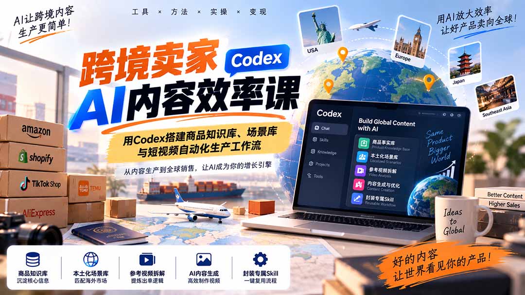 （20595期）跨境卖家AI内容效率课：用Codex搭建商品知识库、场景库与短视频自动化生产工作流-翌晨科技网