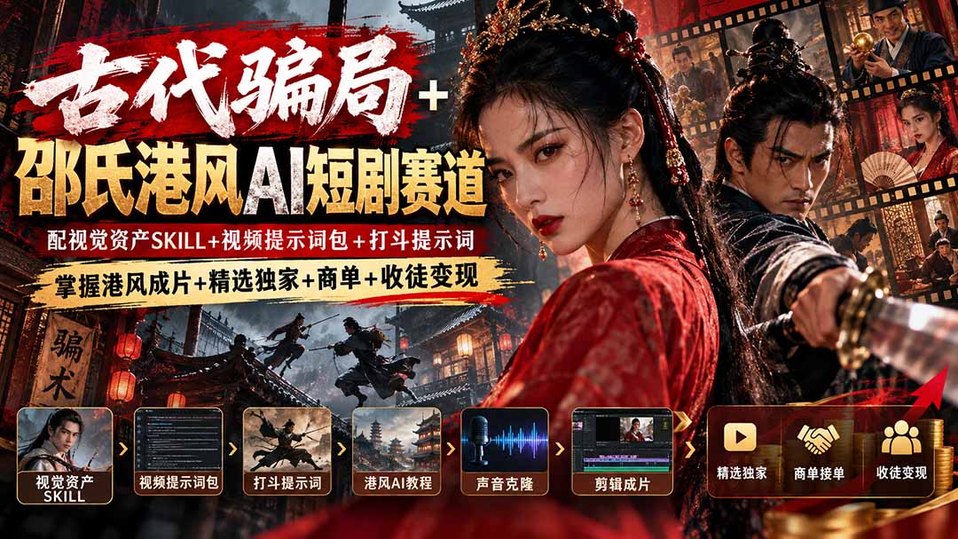 （20684期）古代骗局+邵氏港风AI短剧赛道：配视觉资产SKILL+视频提示词包+打斗提示词，掌握港风成片+精选独家+商单+收徒变现-翌晨科技网