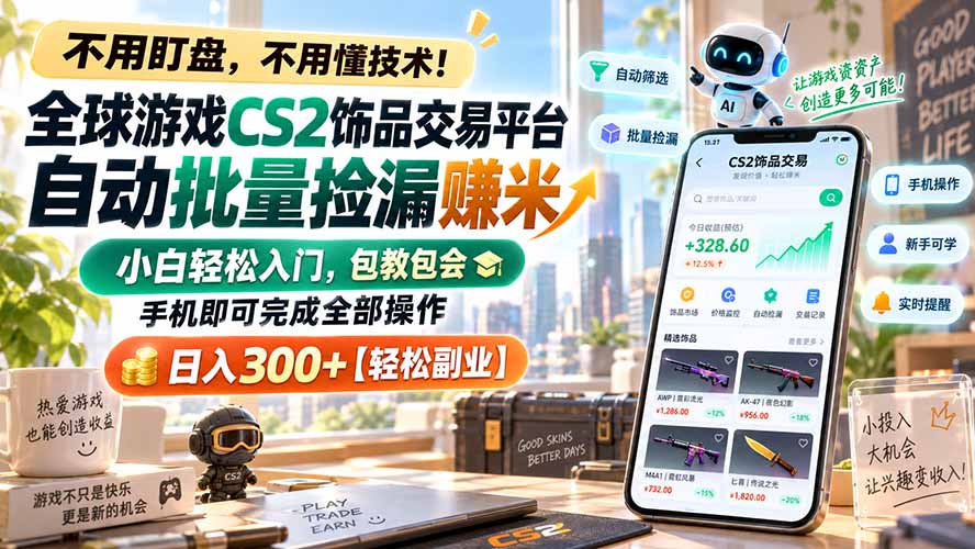 （20454期）全球游戏CS2饰品交易平台自动批量捡漏赚米，小白轻松入门，包教包会，手机即可完成全部操作，日入300+【轻松副业】-翌晨科技网