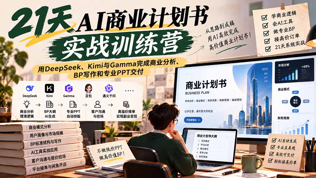 （20637期）【无水印】21天AI商业计划书实战训练营：用DeepSeek、Kimi与Gamma完成商业分析、BP写作和专业PPT交付-翌晨科技网