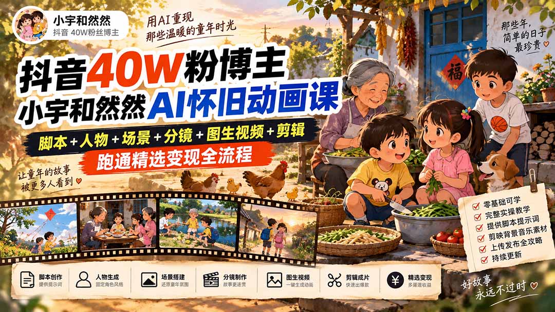 （20549期）抖音40W粉博主小宇和然然AI怀旧动画课｜脚本+人物+场景+分镜+图生视频+剪辑，跑通精选变现全流程-翌晨科技网