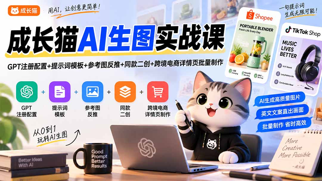 （20482期）成长猫AI生图实战课｜GPT注册配置+提示词模板+参考图反推+同款二创+跨境电商详情页批量制作-翌晨科技网